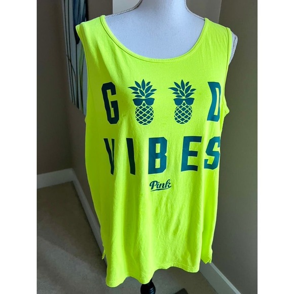 PINK Good Vibes bright green ladies tank top size L - Picture 4 of 5